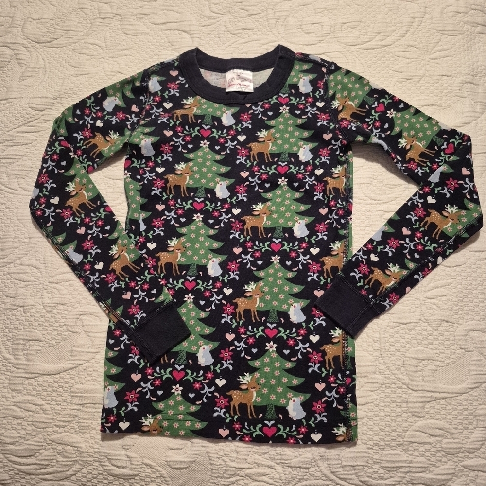 Hanna Andersson pajama top girls size 130 or 8 holiday print navy blue red VGUC